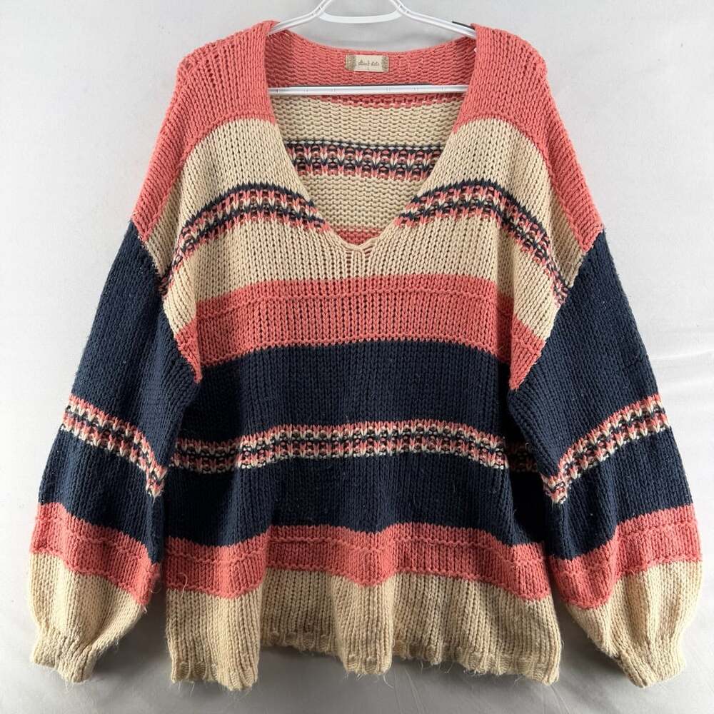 1514 Altar'd State Striped V-Neck Sweater Size L Pink Blue